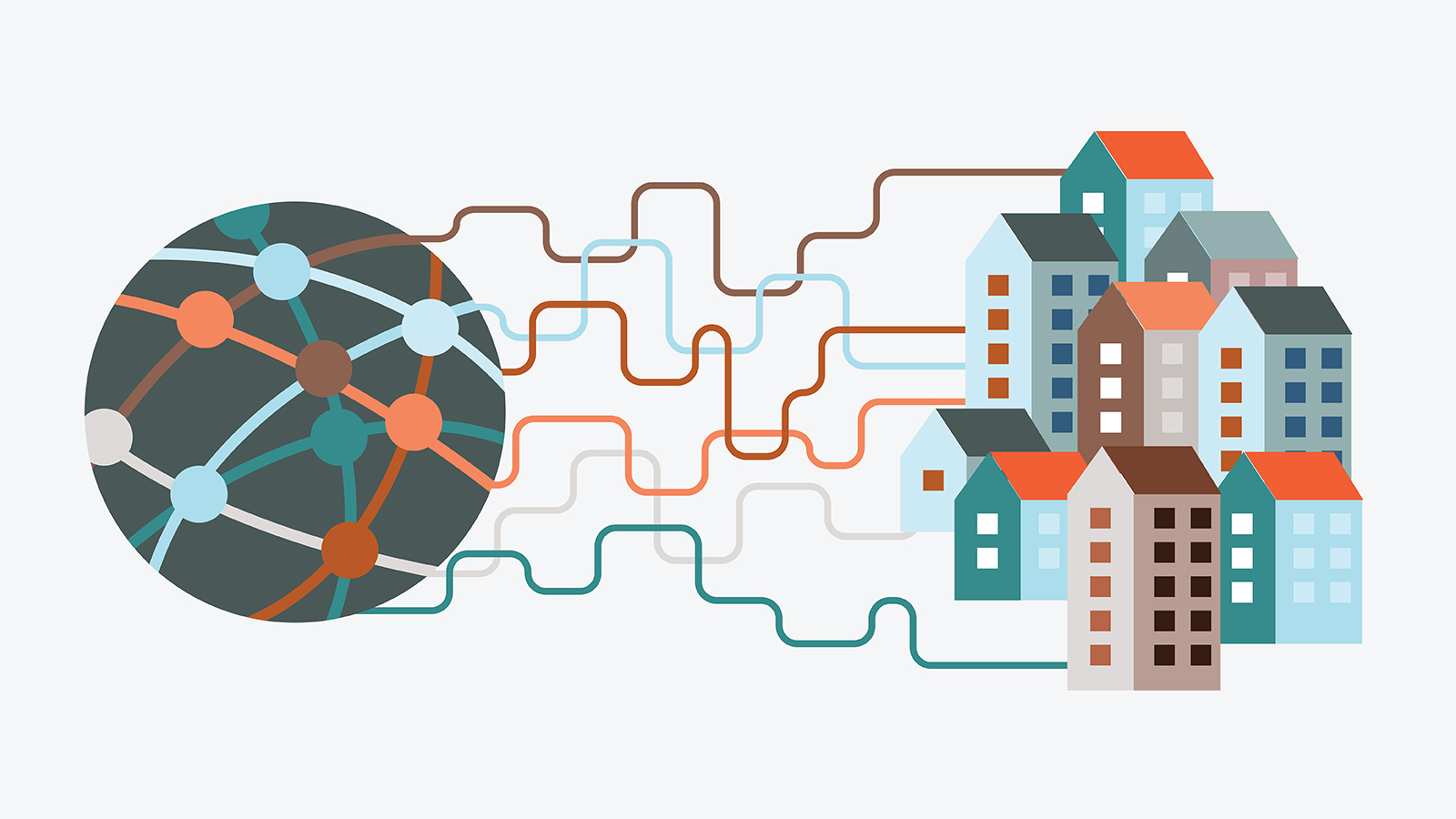A sphere with many nodes on it with lines connecting them. The lines come out and each one leads to a different building on the right.