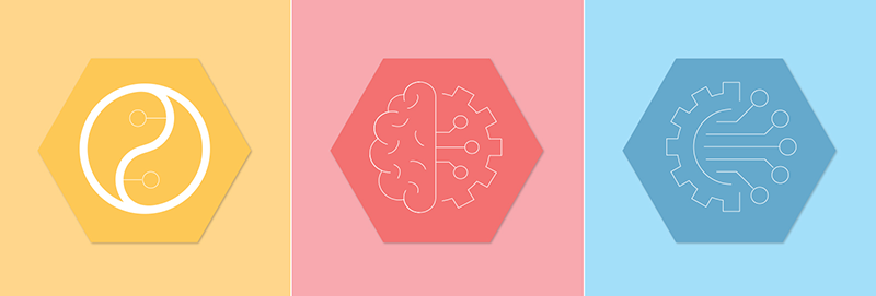 3 icons: yin yang; half brain, half cog; half cog with lines coming out of it.