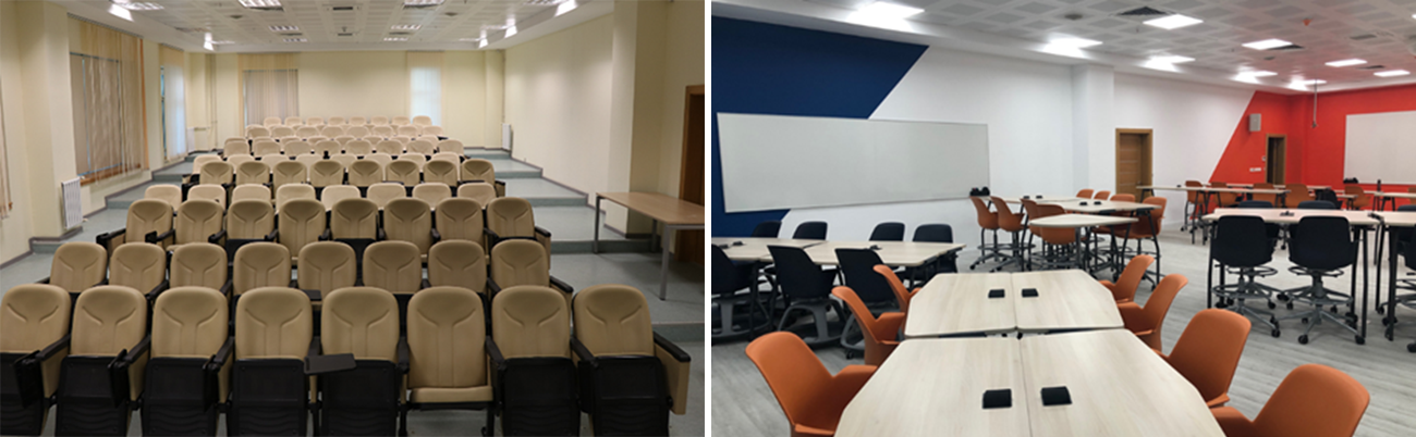 Classroom on the left (before) is rows of chairs and everything is beige. Classroom on the right (after) is tables with chairs facing each other. The walls are white with red and blue accents.