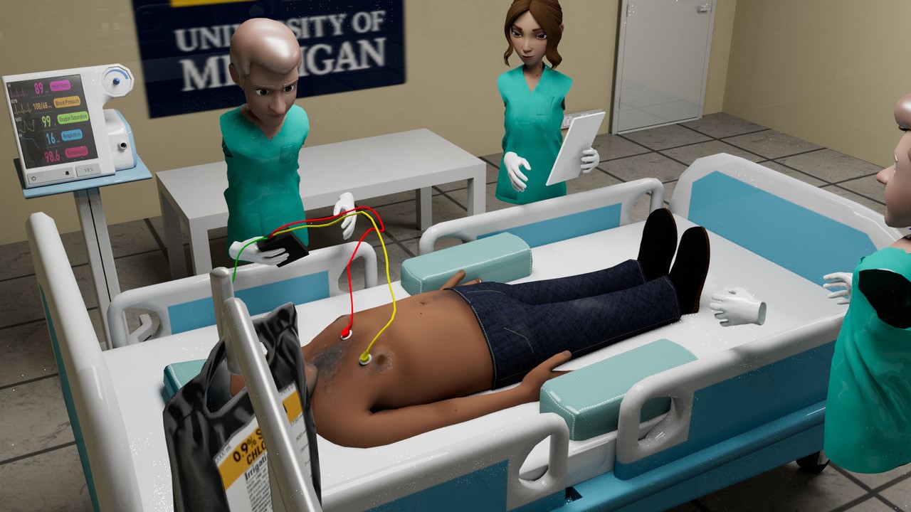 A screen shot of the VR application showing three members of the medical staff treating a patient.