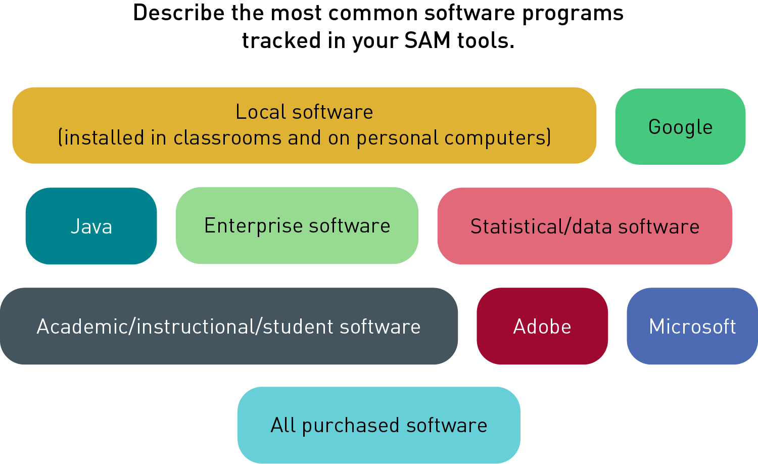 Chart showing text responses for the software programs most commonly tracked in SAM tools: Local software, Google, Java, Enterprise software, Statistical/data software, Academic/instructional/student software, Adobe, Microsoft, and All purchased software.