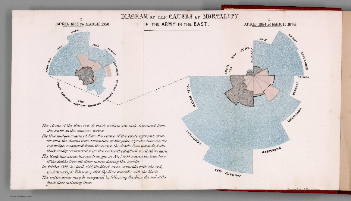 Coxcomb charts showing causes of death among members of the army over a period of two years. The charts compare deaths from preventable or mitigable diseases, deaths from wounds, and deaths from all other causes. By far the most deaths resulted from preventable diseases. 