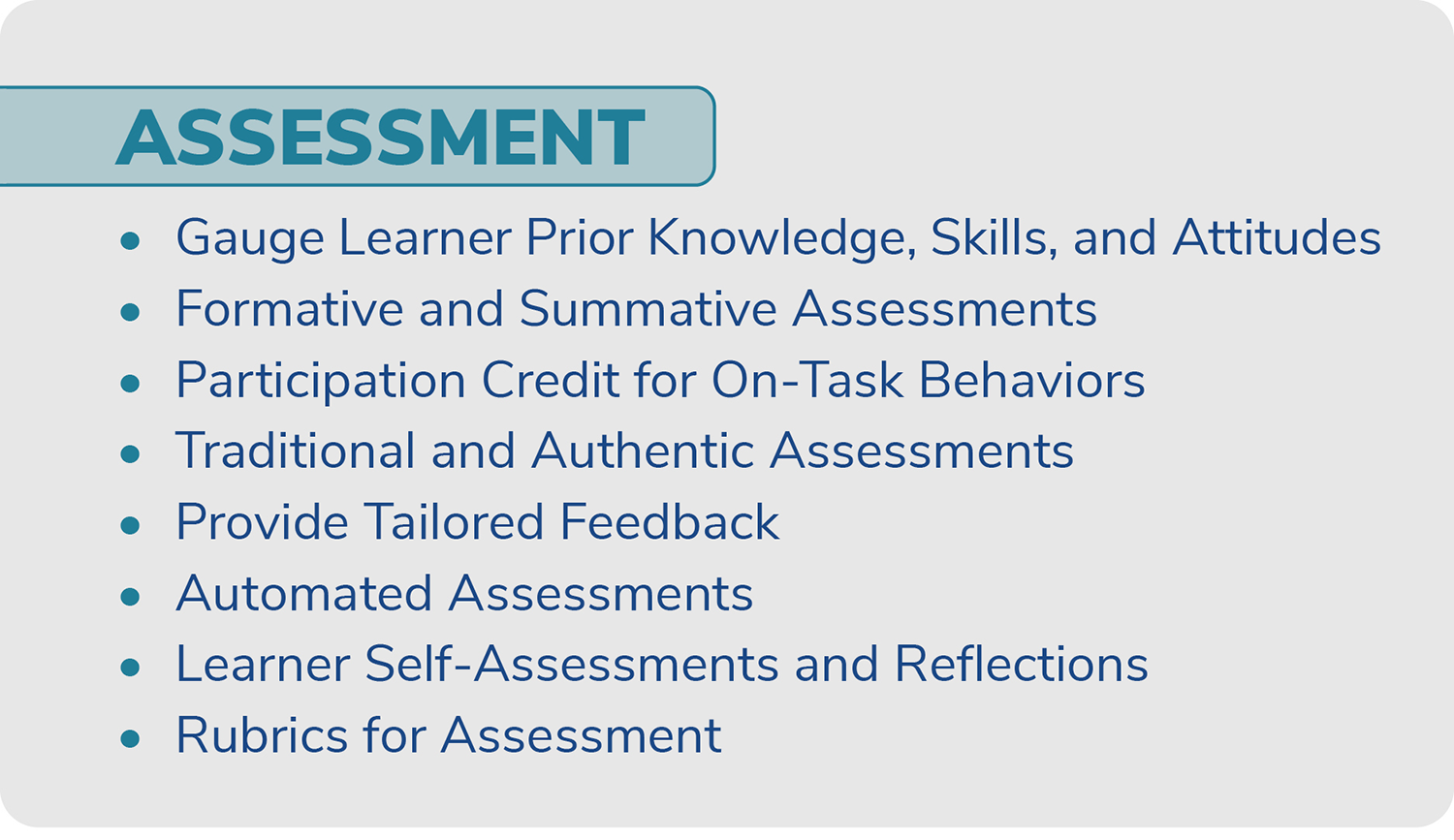 A bulleted list of the eight elements of the 'Assessment' dimension of the IDEAS Framework: Gauge Learner Prior Knowledge, Skills, and Attitudes; Formative and Summative Assessments; Participation Credit for On-Task Behaviors; Traditional and Authentic Assessments; Provide Tailored Feedback; Automated Assessments; Learner Self-Assessments and Reflections; and Rubrics for Assessment.