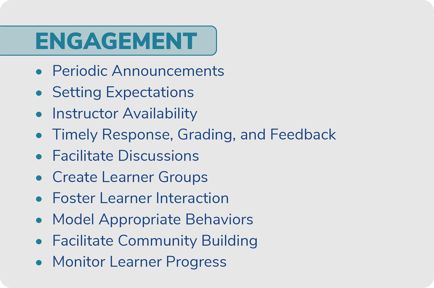 A bulleted list of the ten elements of the 'Engagement' dimension of the IDEAS Framework: Periodic Announcements; Setting Expectations; Instructor Availability; Timely Response, Grading, and Feedback; Facilitate Discussions; Create Learner Groups; Foster Learner Interaction; Model Appropriate Behaviors; Facilitate Community Building; and Monitor Learner Progress.