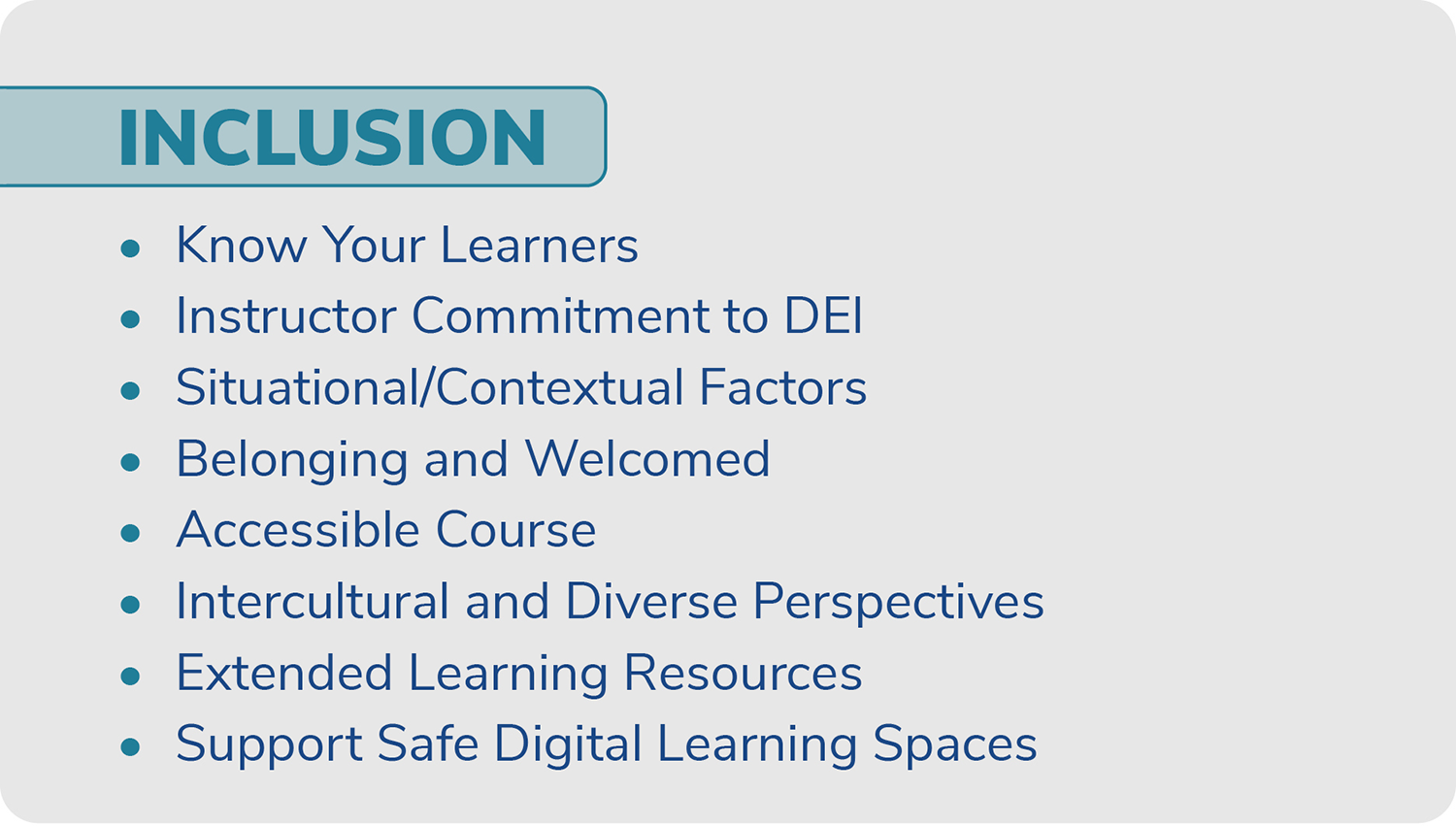 A bulleted list of the eight elements of the 'Inclusion' dimension of the IDEAS Framework: Know Your Learners; Instructor Commitment to DEI; Situational/Contextual Factors; Belonging and Welcomed; Accessible Course; Intercultural and Diverse Perspectives; Extended Learning Resources; and Support Safe Digital Learning Spaces.