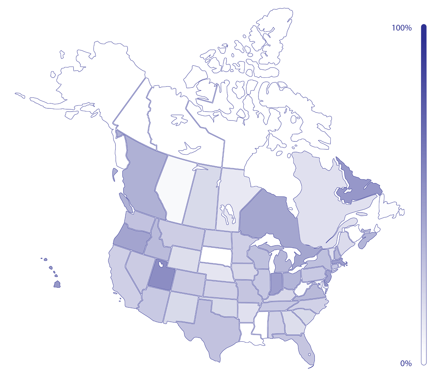 Map showing the United States and Canada, with each state or province shaded to reflect the proportion of institutions whose websites mention ChatGPT.