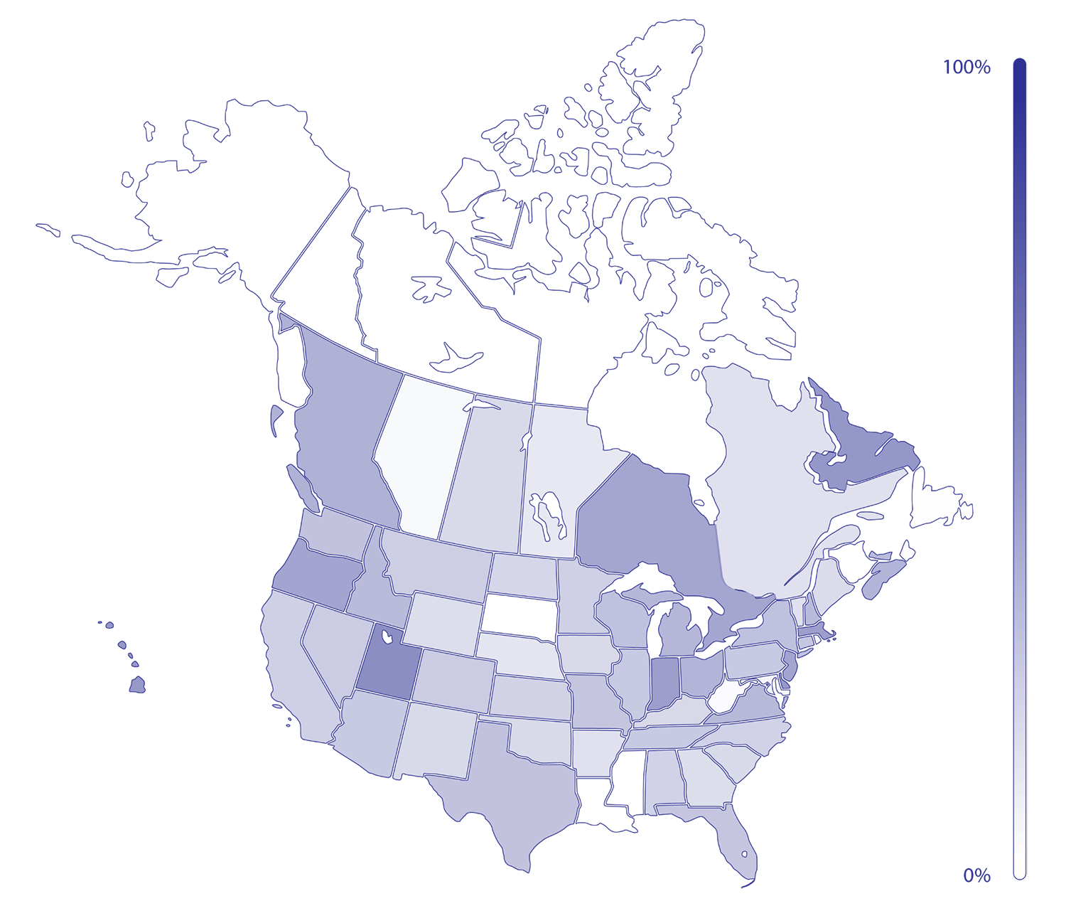 Map showing the United States and Canada, with each state or province shaded to reflect the proportion of institutions whose websites mention ChatGPT.