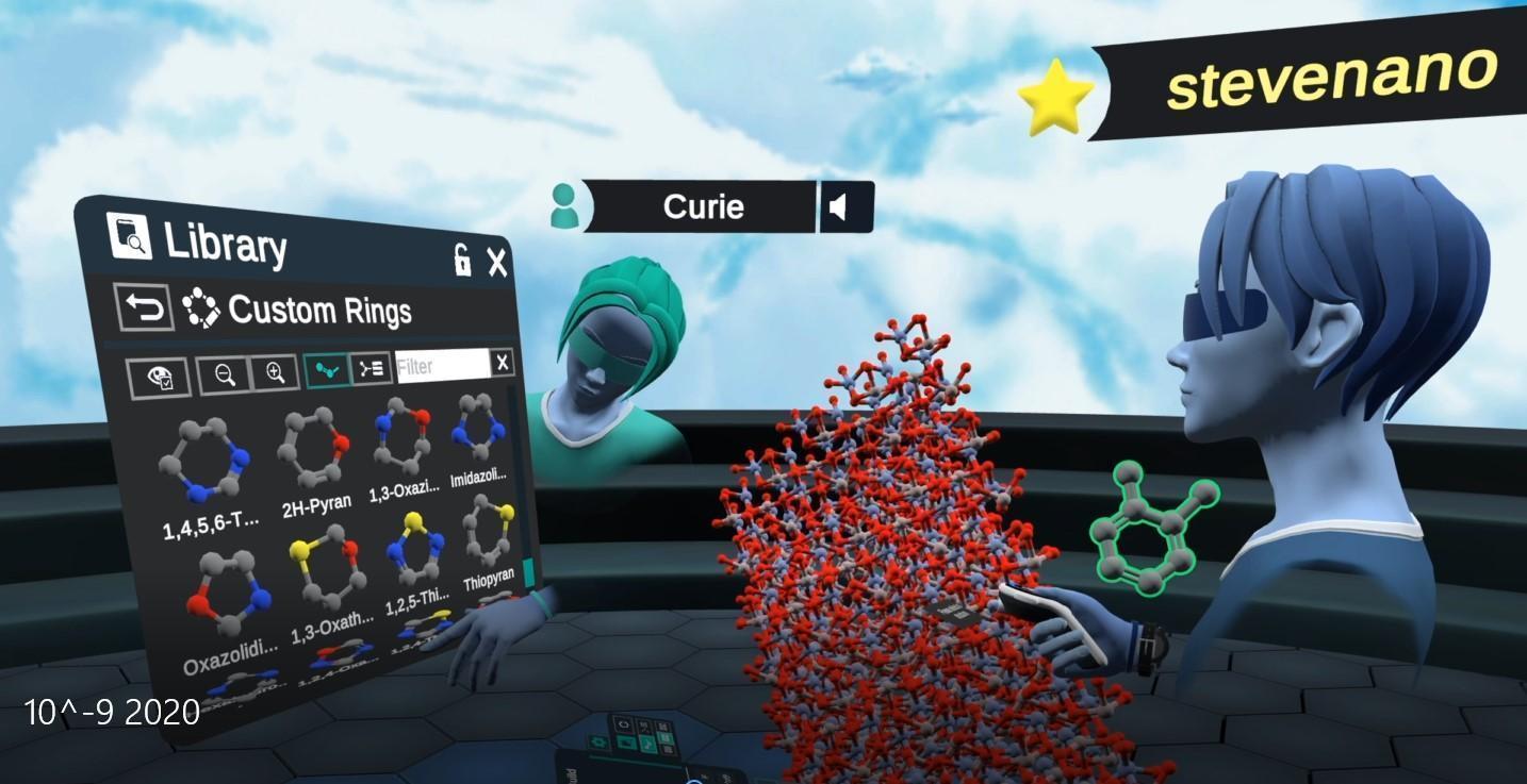 Screen shot of an AR/VR application that teaches molecular design.