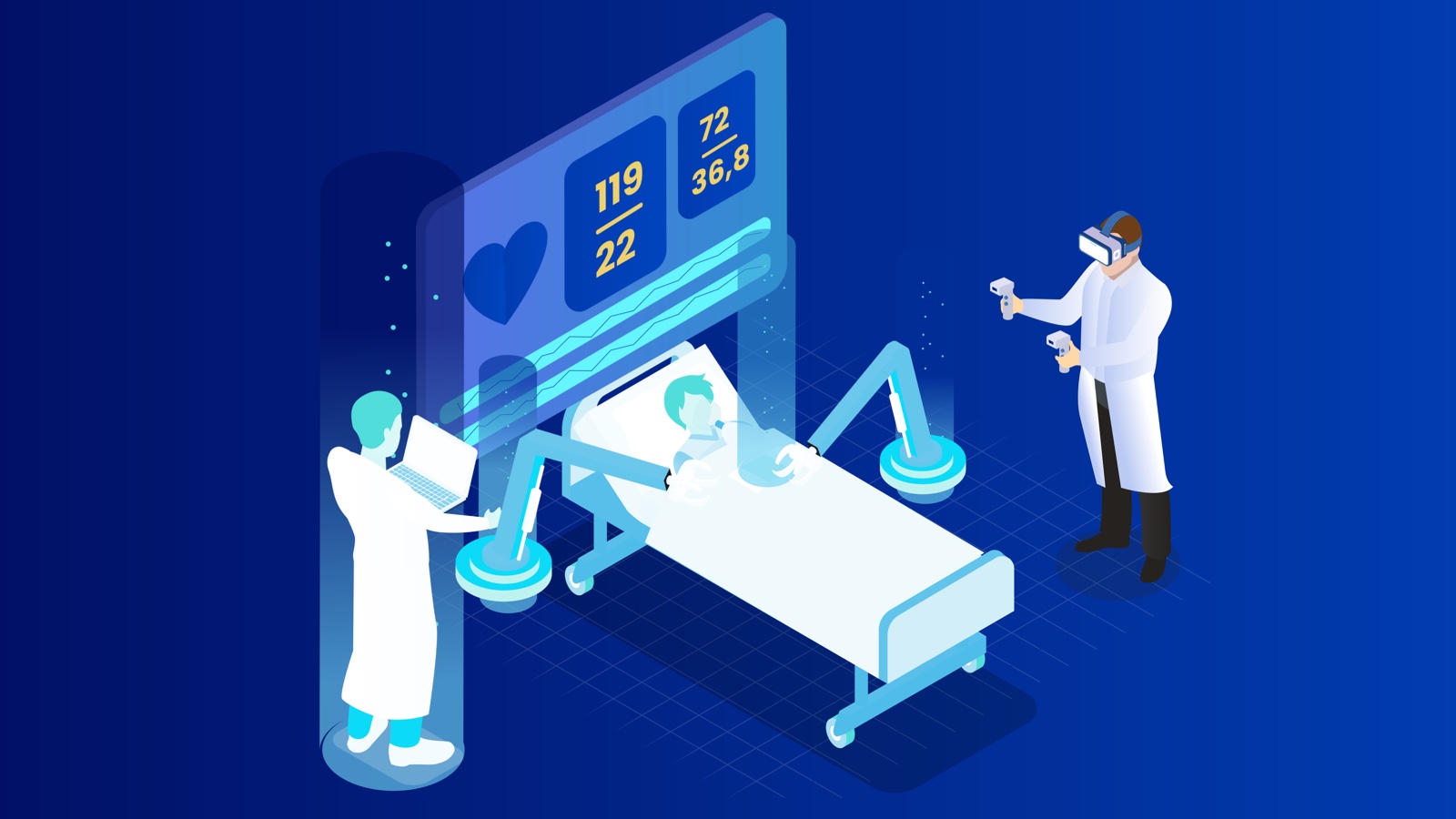 drawing of a person in a hospital bed with a doctor beside the bed wearing VR goggles