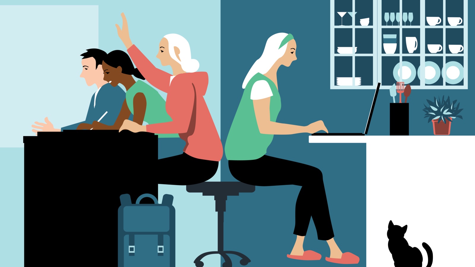 person sitting on a stool participating in a classroom and the same person sitting facing the other direction on the stool online at home
