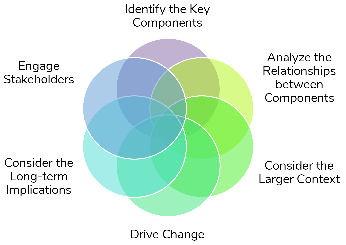 Venn diagram showing 6 interlocking circles: Identify the Key Components; Analyze the Relationships between Components; Consider the Larger Context; Drive Change; Consider the Long-term Implications; Engage Stakeholders
