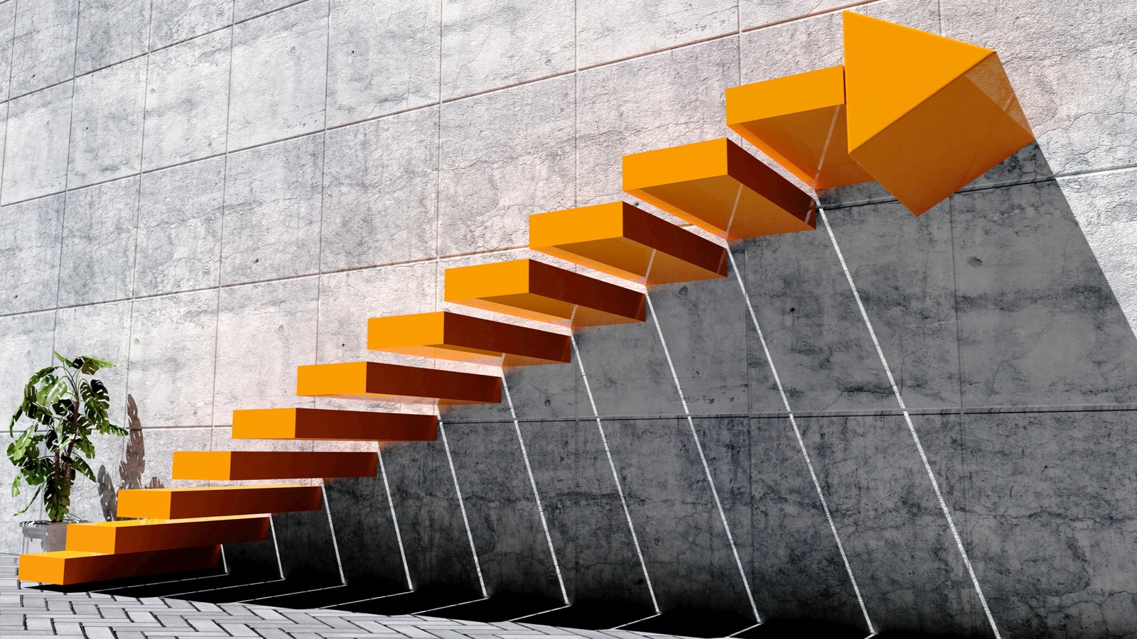 orange staircase with arrow sign at the top