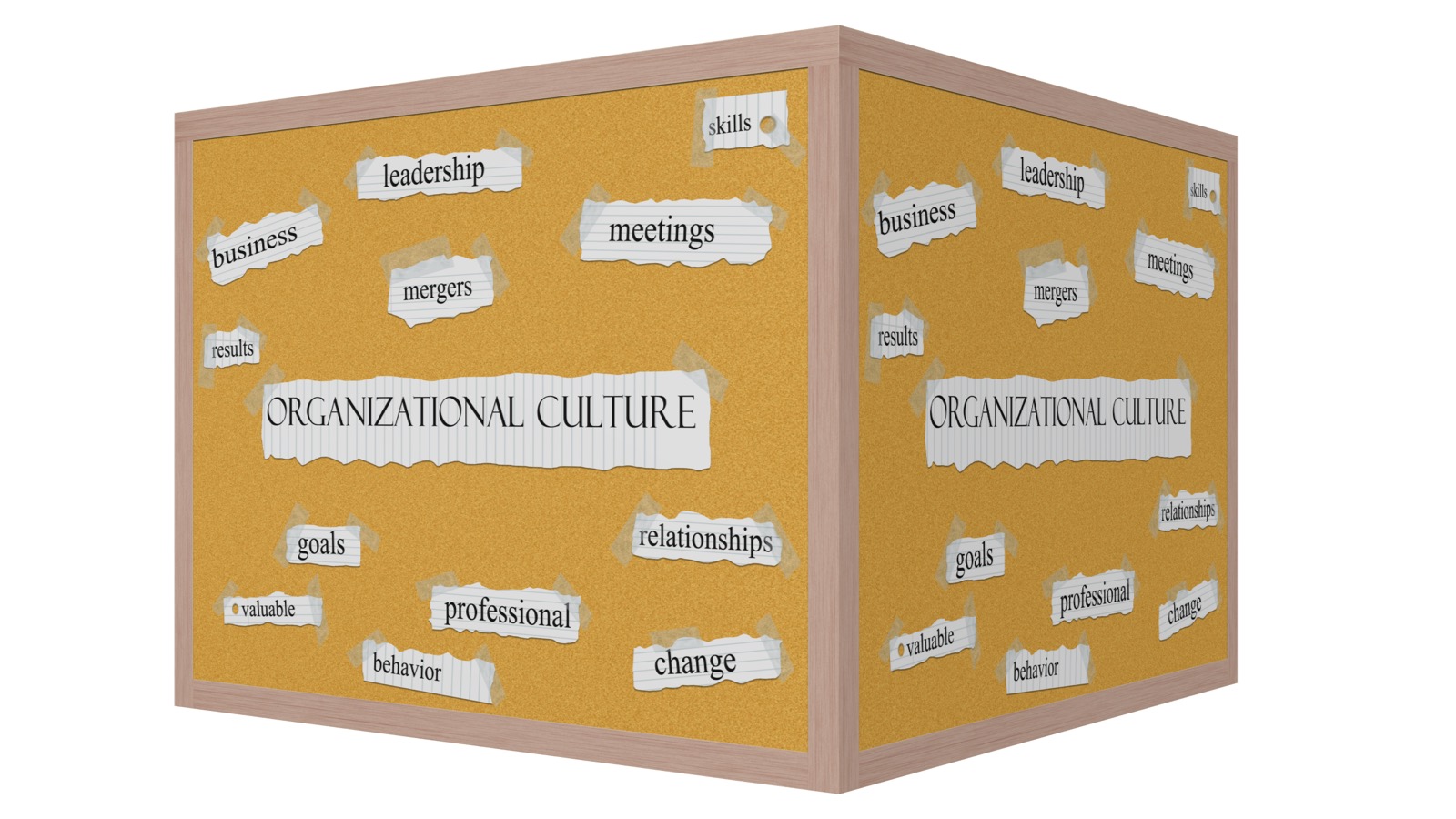 Box with many labels. Main label: Organizational Culture. Smaller labels: business; leadership; mergers; meetings; results; goals; relationships; valuable; professional; behavior; change.