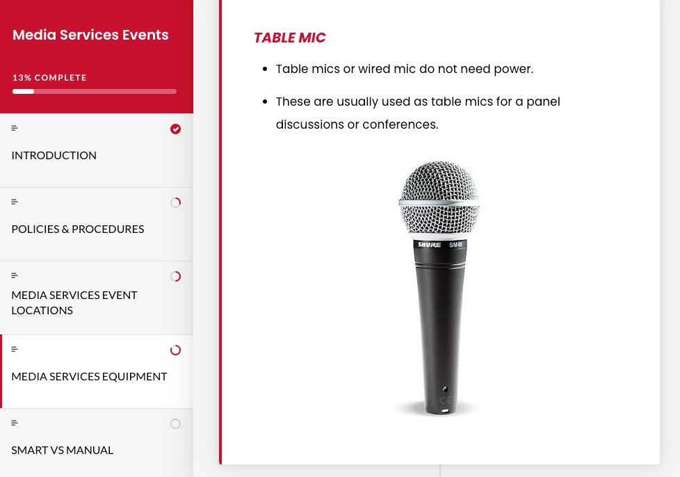 Screenshot of Media Services Equipment tab on website.  TABLE MIC | -Table mics or wired mic do not need power. -These are usually used as table mics for a panel discussions or conferences.