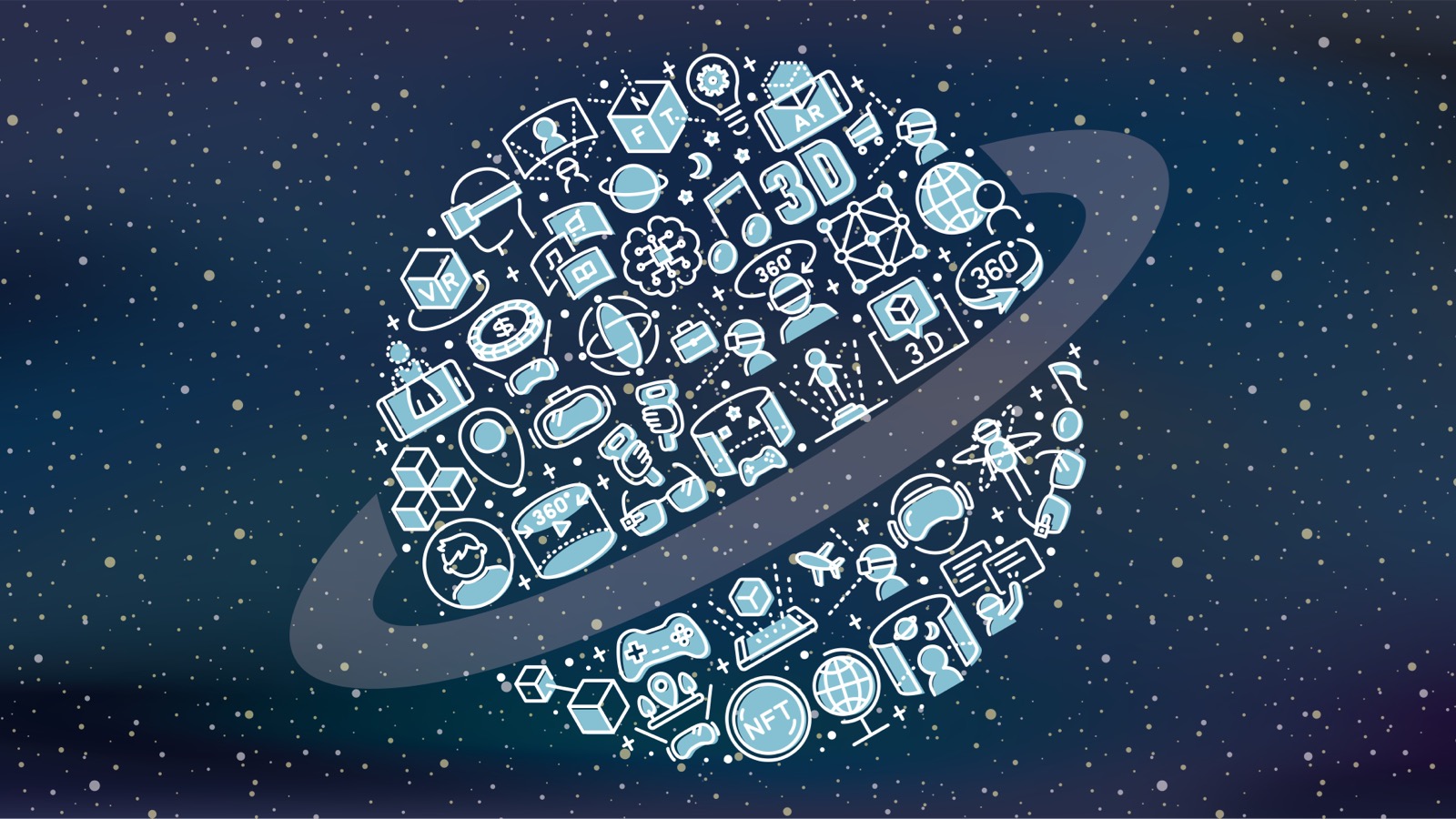 Blue metaverse with icons in the shape of a planet.