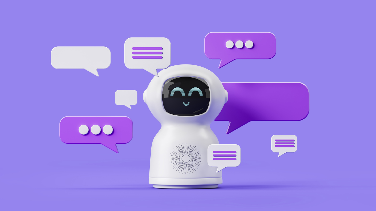 Cute smiling white robot standing with speech bubbles.