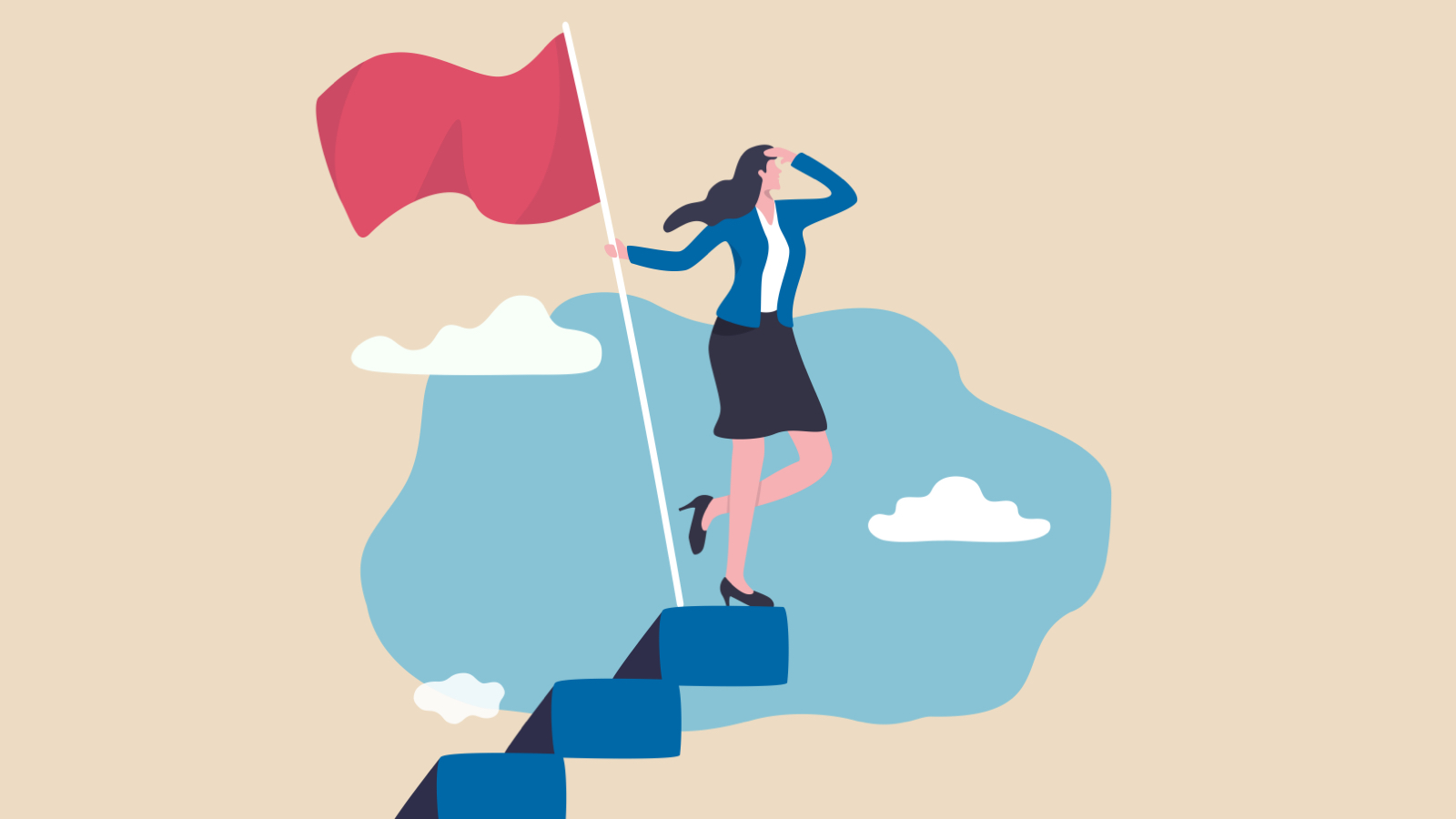 Woman stepping up to leadership, on top of career staircase holding winning flag looking for future visionary.