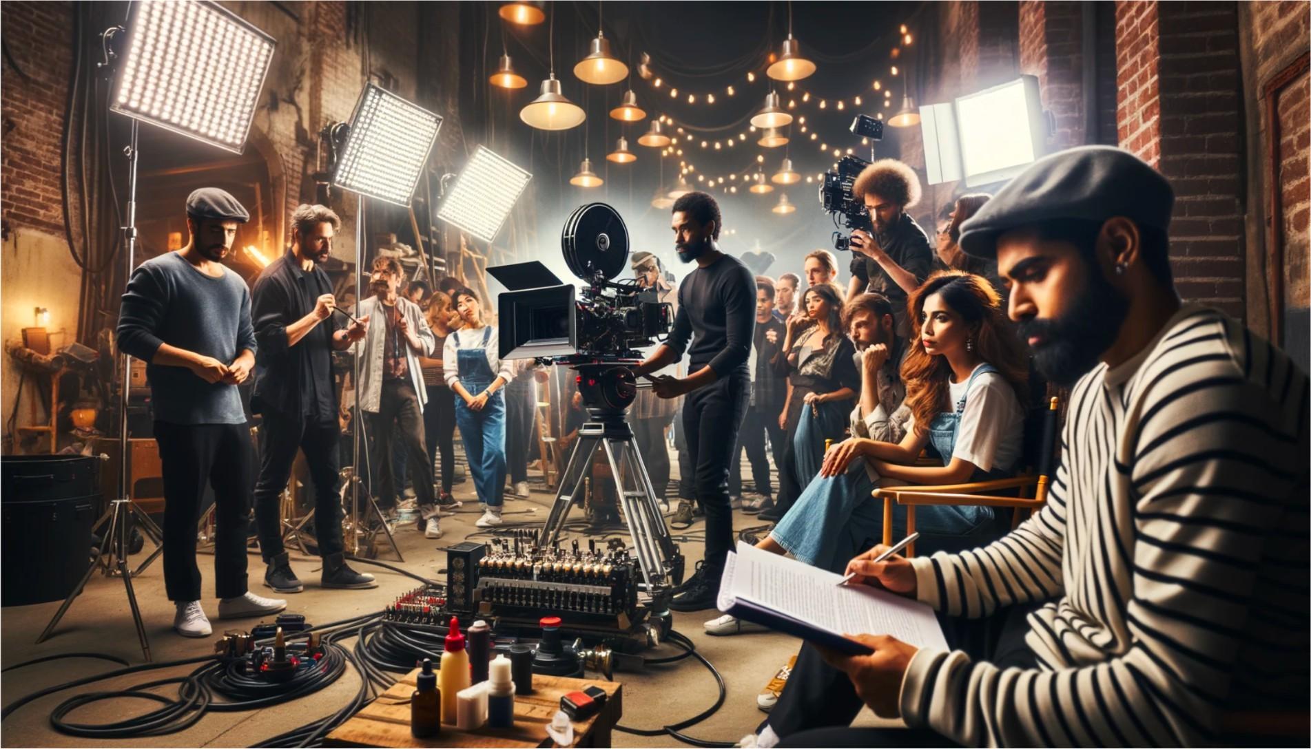 Image generated by DALL-E 3 showing a movie set with a director behind a large movie camera. The director is surrounded by a film crew and actors. 