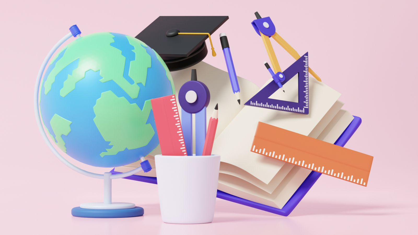 School supplies (book, ruler, globe, pen, pencil)