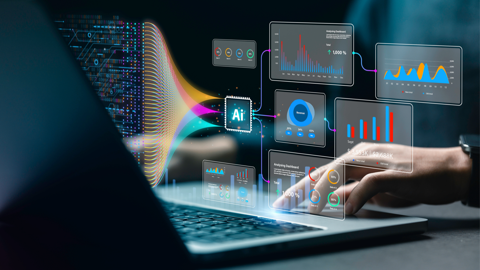 a hand on a laptop keyboard with an overlay of multiple graphs