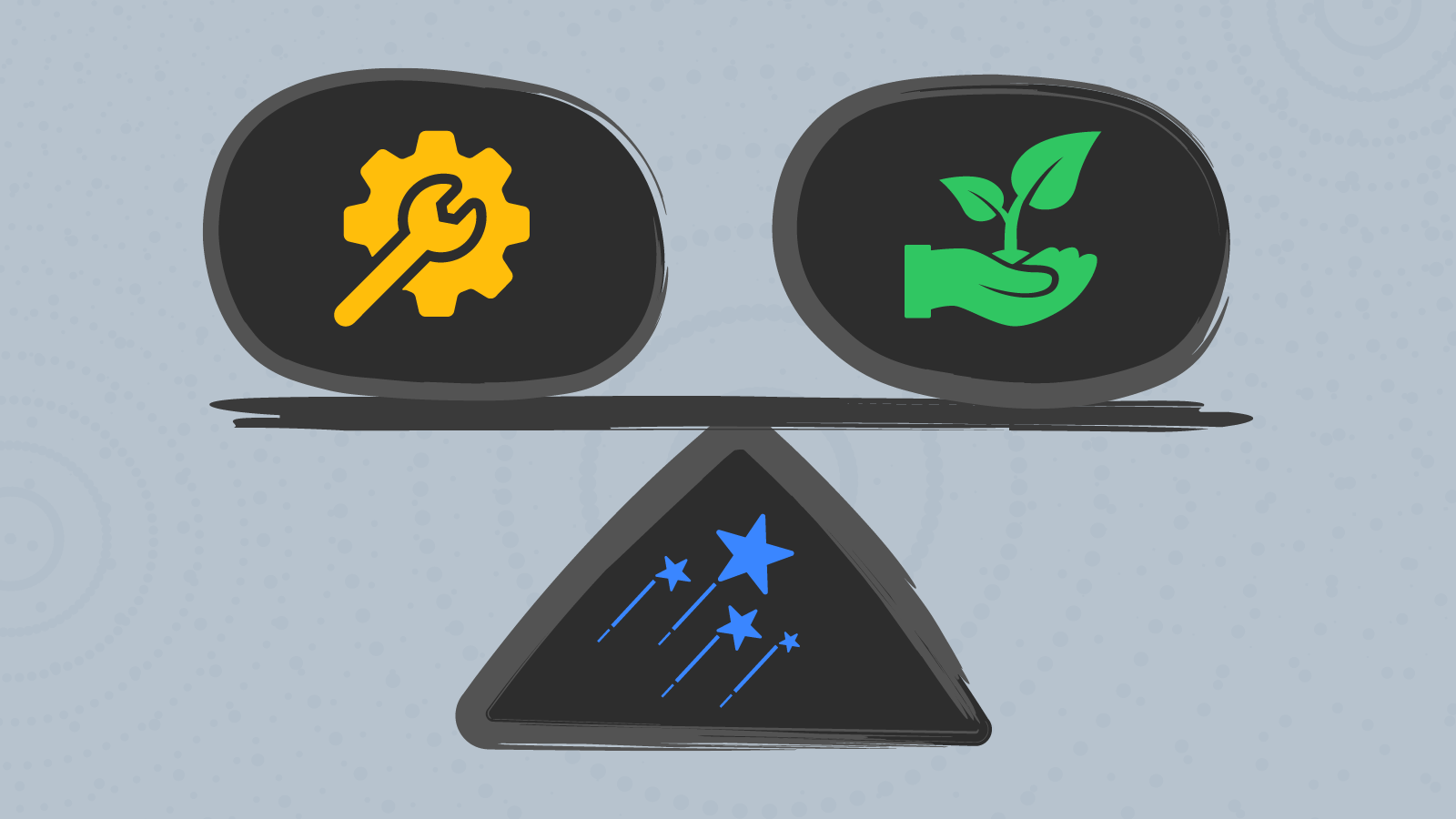 A rock with a wrench and cog on it, and a rock with a hand holding a plant on it are on a board balanced on the tip of a triangle with shooting stars on it.