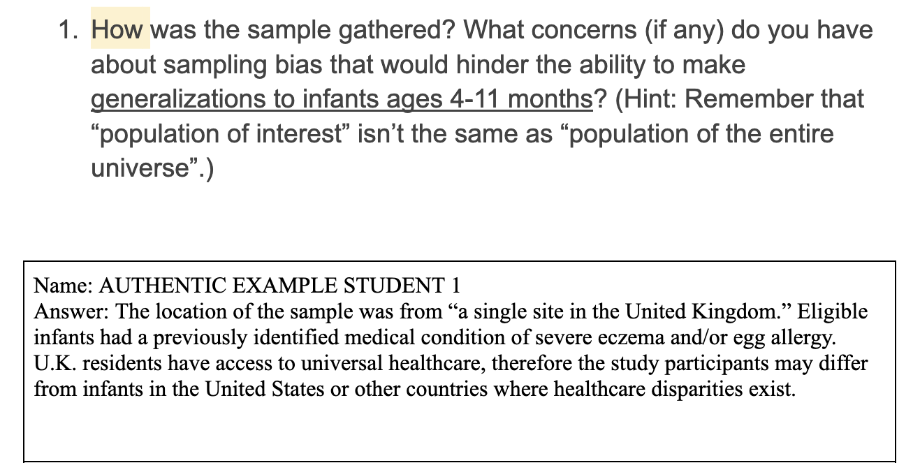 Screen shot of a shared online document, showing the question for the class and one student’s response. 