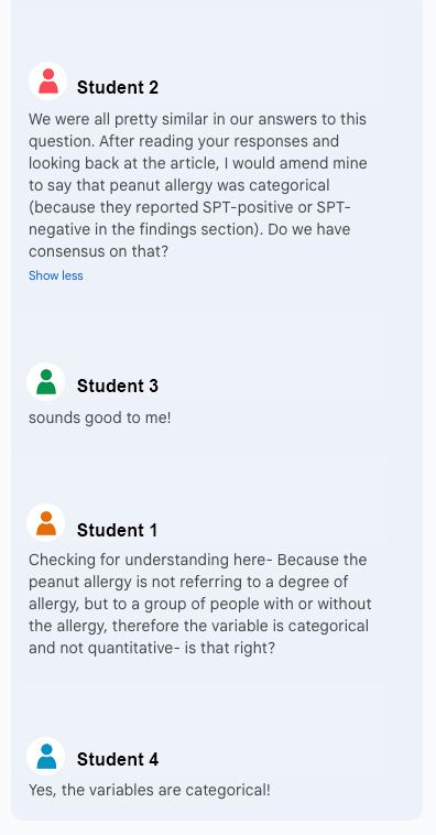 Screen shot of a shared online document, showing several students discussing their responses and supporting one another’s learning. 