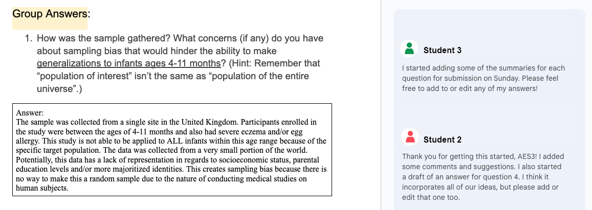 Screen shot of a shared online document, showing the students’ work toward a consensus response. 