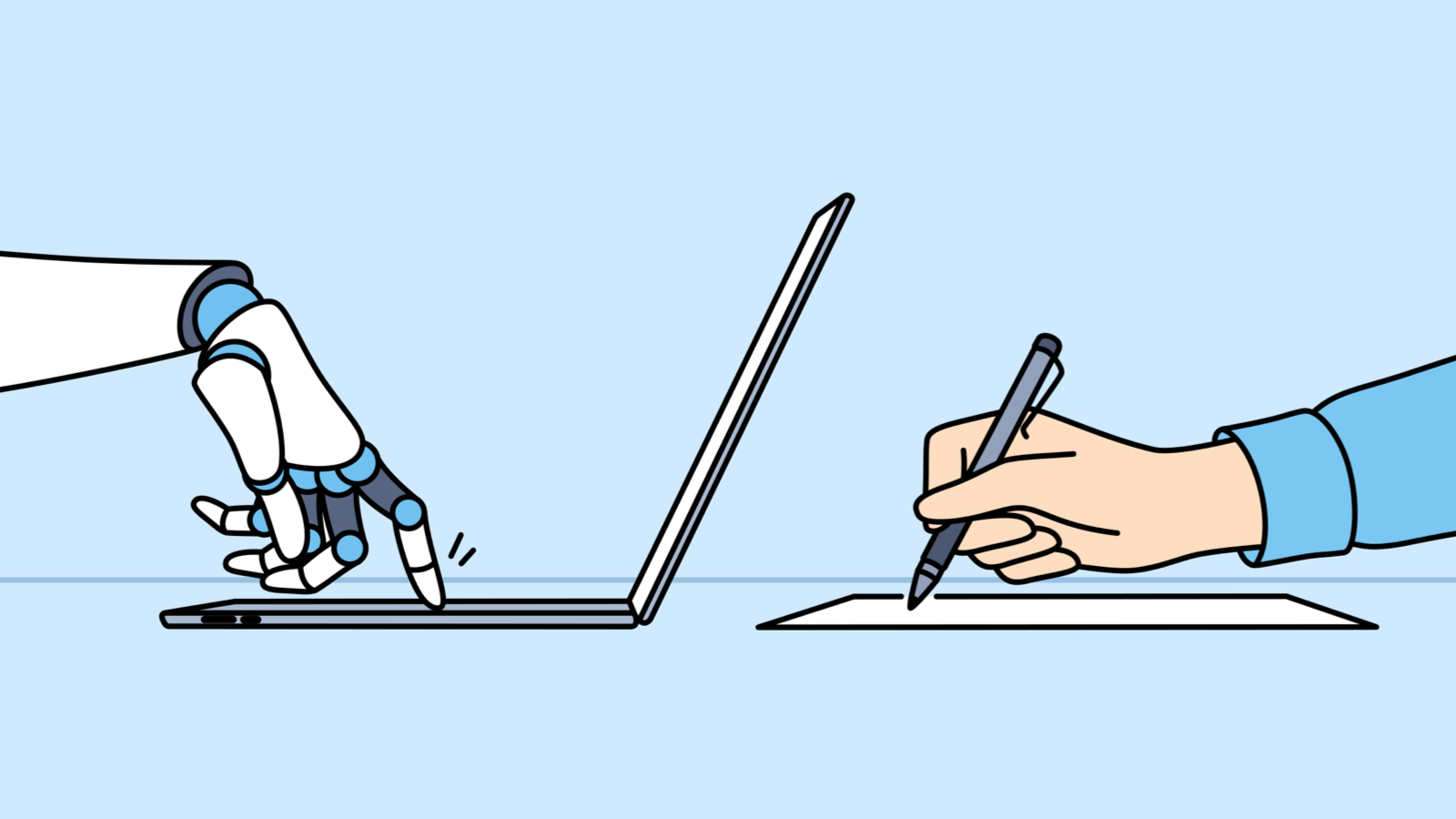 robot hand typing on a laptop. human hand writing on a piece of paper.