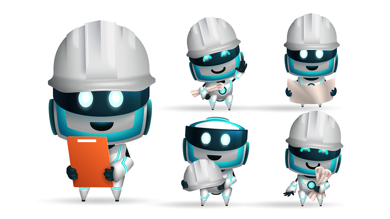 Five robot AI characters with hard hats, blueprints, and a clipboard.