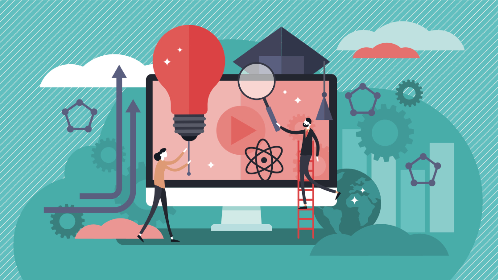 Drawing of computer monitor with a mortar board on top and one person holding a lightbulb in front of it and another holding a magnifying glass
