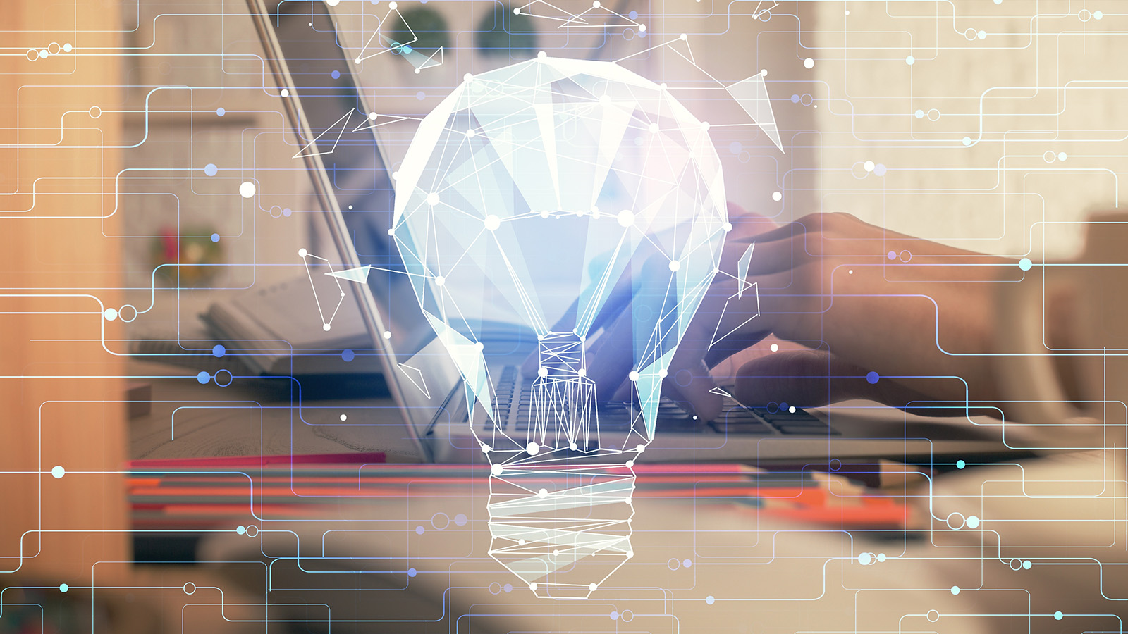Double exposure of woman hands typing on computer and light bulb drawing.