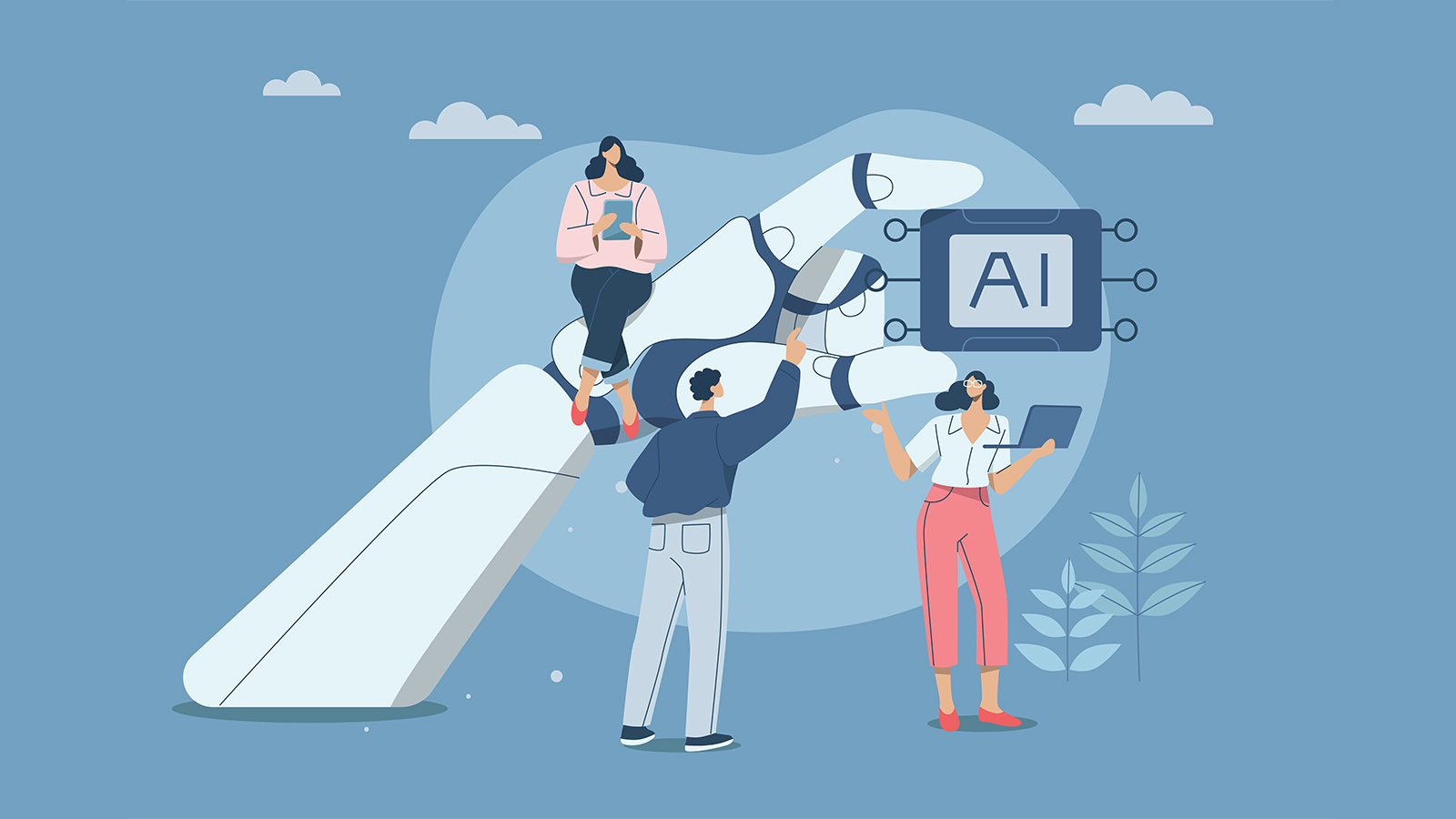 people working on a robot hand that is holding a screen that says 'AI'