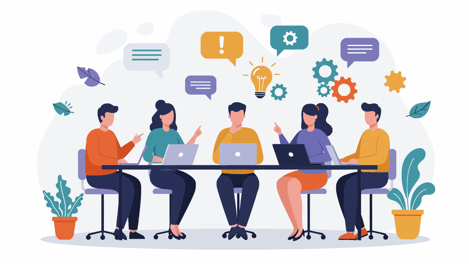 5 people around a table with speech bubbles, cogs, and lightbulbs above their heads