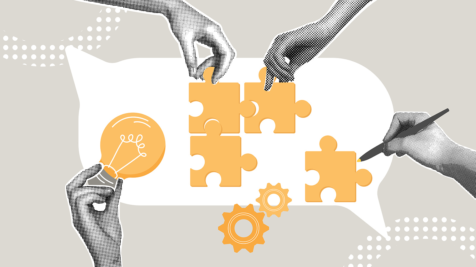 Hands putting together puzzle pieces inside a speech bubble
