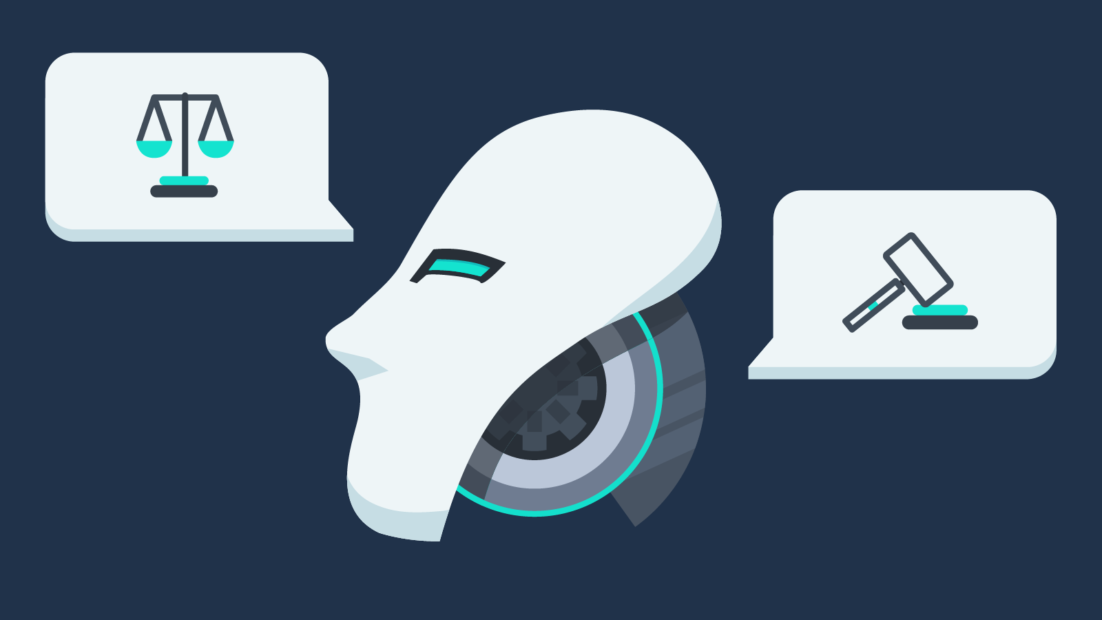 drawing of two laptops. one has scales on it and the other a gavel. Between them is an outline of a face over a hard drive.
