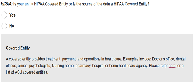 A survey question about HIPAA covered entities with options 
