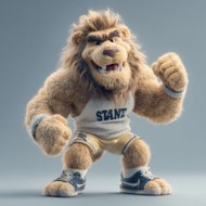 An AI-generated image of a lion mascot wearing a Penn State-style wrestling uniform and raising one fist.