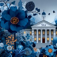 An AI-generated image of blue flowers surrounding a Penn State-style campus building.