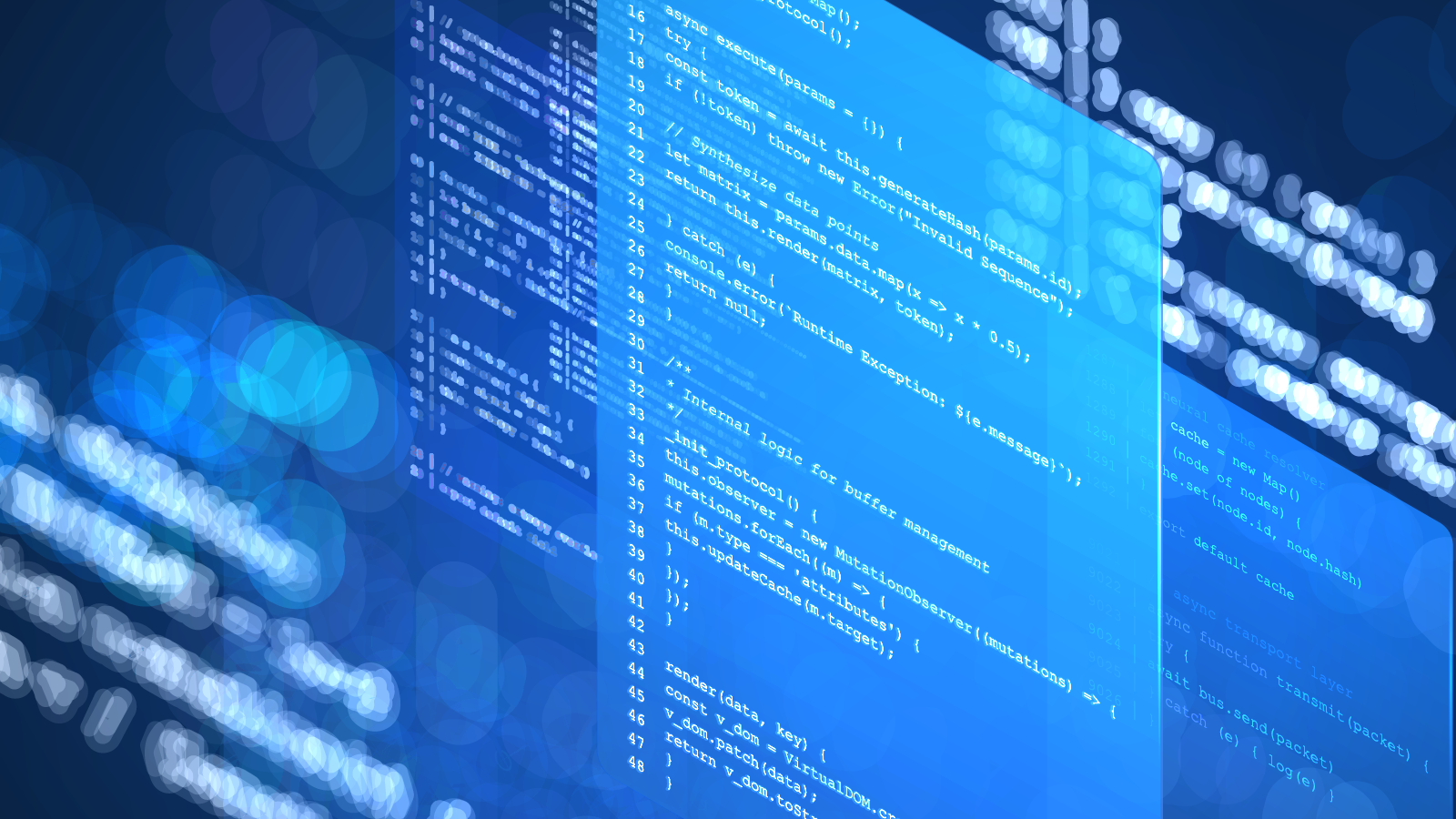 Abstract blue graphic showing layered computer code on glowing translucent panels.