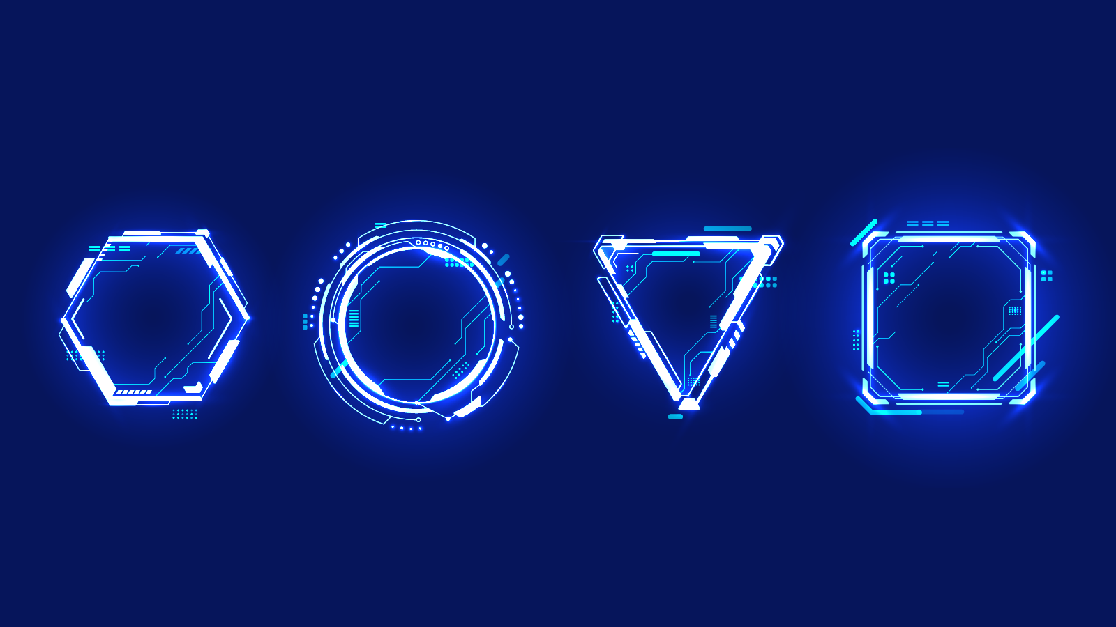 Four glowing futuristic geometric outlines—a hexagon, circle, inverted triangle, and rounded square—on a dark blue background.