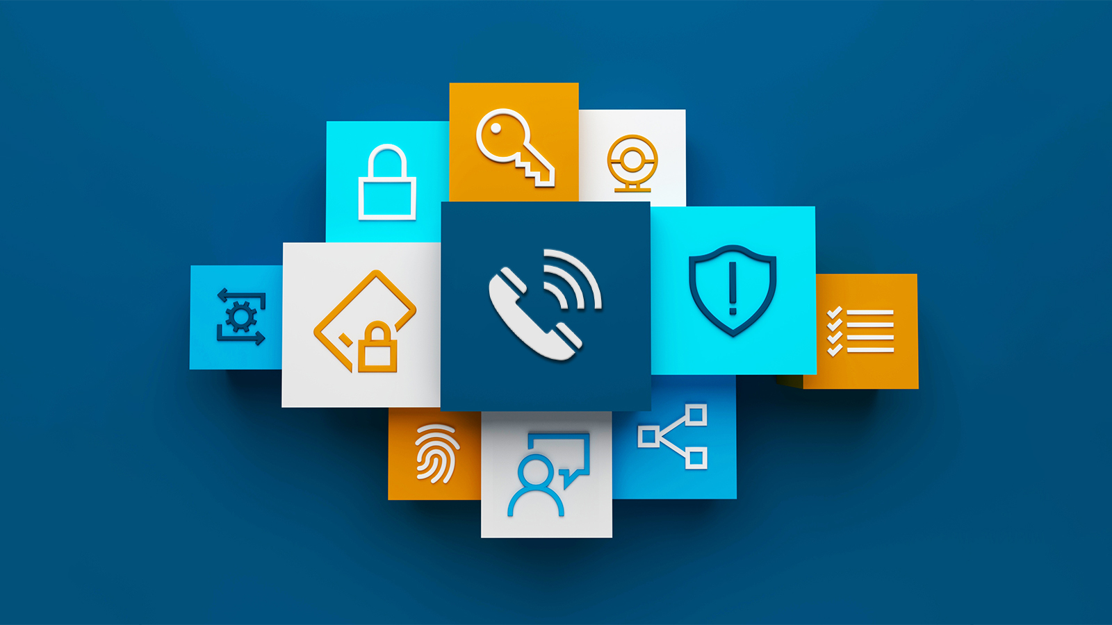 Stacked tiles with various icons: key, lock, shield, etc. The top on is a phone in use.