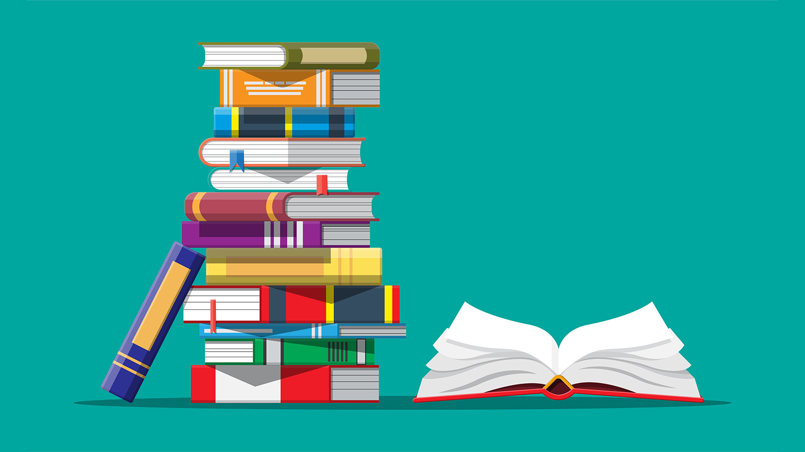 A stack of books and an open book with upside down pages.