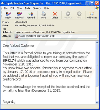 Figure 3. An example ransomware e-mail message