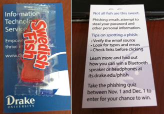 photo of Swedish Fish stapled to Drake University IT Services business card