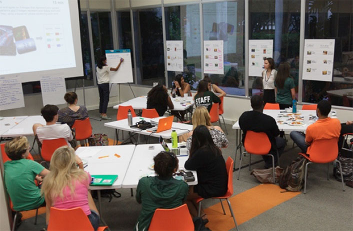 Room with multiple tables. People are seated at each of the tables and 2 people are at the front of the room presenting.