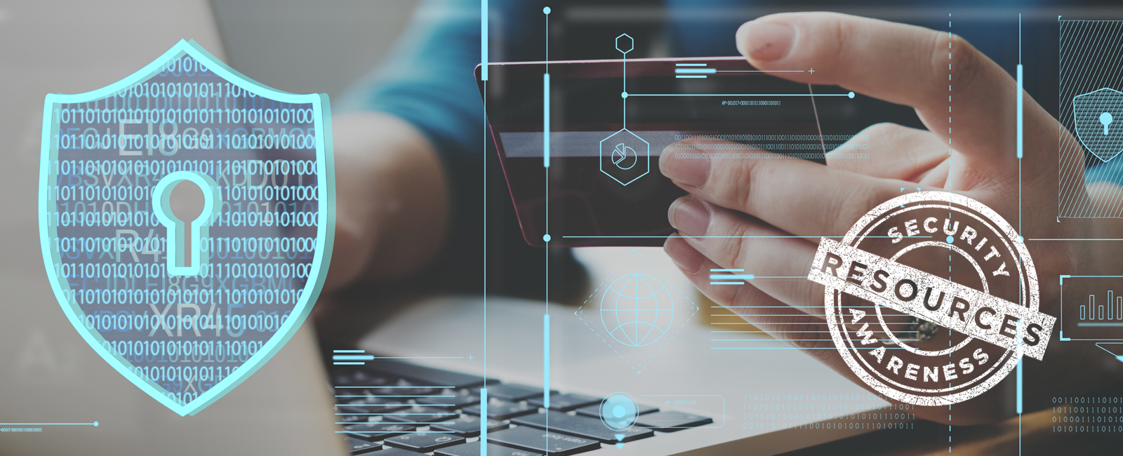 photo of person working on a laptop and mobile device overlaid with lock icon in the shape of a shield