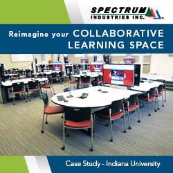 Spectrum Industries Inc. Indiana University case study ad - Reimagine your Collaborative Learning Space - photo of active learning classroom tables and chairs