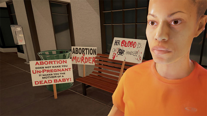 CGI person staring in front of them. Behind them are signs leaning against a bench that say 'Abortion does not make you Un-Pregnant it makes you the mother of a Dead Baby!', 'Abortion is Murder', and 'Her blood is on your hands!!!'