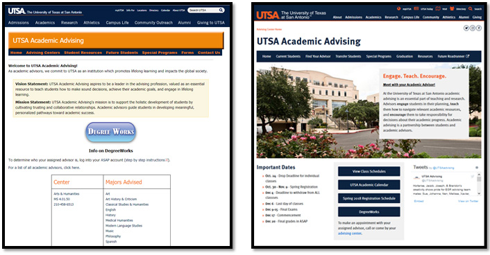 Side by side views of the same web page. The left side is all text with one button in the middle. The right image has a hero image and a series of buttons.